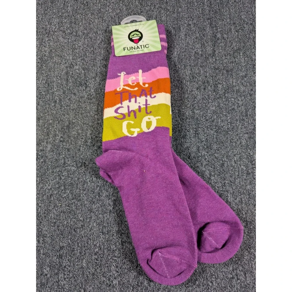 Funatic Let That Shit Go Crew Socks Purple Striped Mens 6-11 Womens 7.5-12